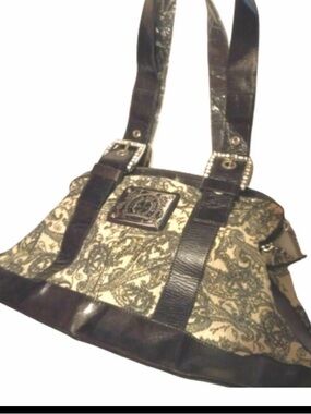 Purse Hand Bag Fabric Paisley with Leather Trim Charm and Luck Rhinestones